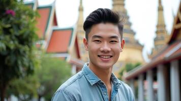 Young man smiling in front of a temple photo
