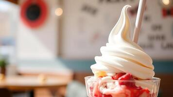 Close-up of a soft serve ice cream sundae photo