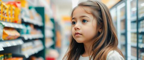 Young girl looking at grocery store shelves photo