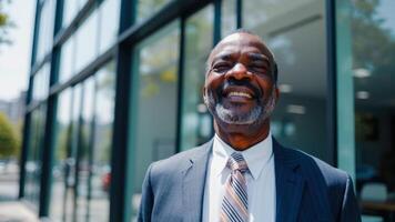 Portrait of a Confident Businessman Smiling in Front of a Modern Office Building photo