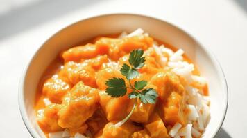 Close-up of Butternut Squash Curry in White Bowl with Parsley Garnish photo