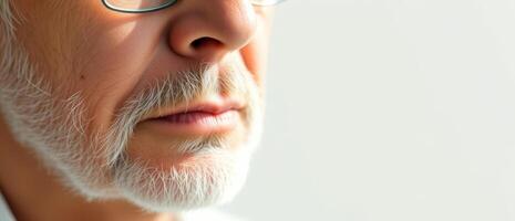 Close-up of a man's lower face, showing his white beard and mustache, with a soft focus on the background. photo