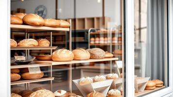 Freshly Baked Bread on Display in a Bakery Window photo