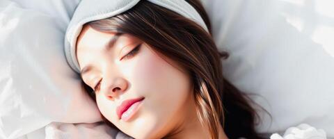 Woman Sleeping on White Pillow with Eye Mask photo