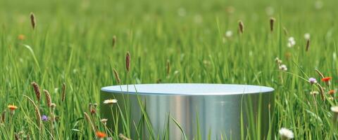 Metallic Cylinder in a Lush Green Field photo