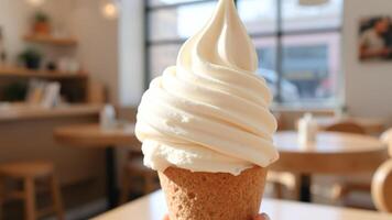 Close-up of a Vanilla Ice Cream Cone in a Cafe photo