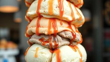 Close-up of a Stack of Ice Cream with Caramel Drizzle photo