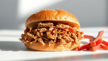 Close-up of a Pulled Pork Sandwich on a White Background photo