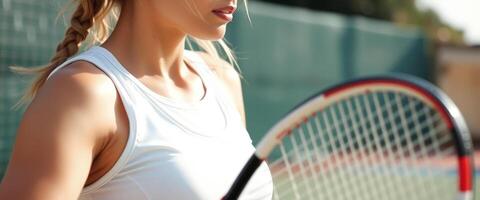 Close up of a woman's face and shoulder with a tennis racket in the background photo