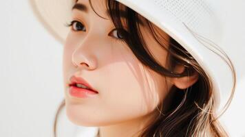 Close Up Of A Beautiful Young Woman With A White Hat photo
