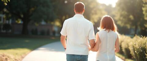 Back view of a young couple walking in the park on a sunny day photo