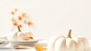 Minimalist Autumn Table Setting with White Pumpkins and Dried Leaves photo