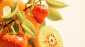Close-up of a kiwi fruit and strawberries on a branch photo