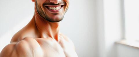 Close-up of a man's smiling face with a white background photo