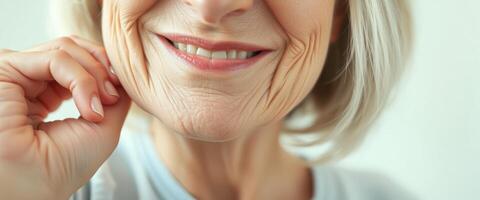 Close-up of a woman's smiling face, showing wrinkles and fine lines photo