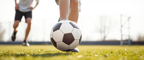 Closeup of a soccer ball being kicked on a green field photo