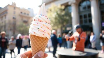Close-up of a soft-serve ice cream cone with sprinkles photo