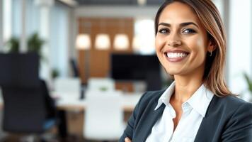Portrait of a Beautiful Businesswoman Smiling at the Camera in an Office Setting photo