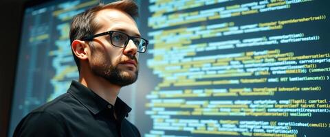 Focused Programmer Looking at Code on a Screen photo