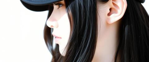 Close-up of a woman's profile with a black baseball cap photo