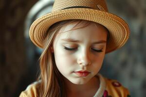 Portrait of a young girl with a straw hat photo