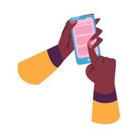 A hand holding a smartphone with a pink screen vector