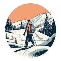 A man is walking through the snow in the mountains vector