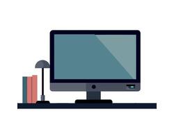 Computer monitor, lamp, and books on desk vector