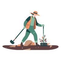 An illustration of a man with a shovel and a hat vector
