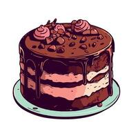 Chocolate cake with chocolate frosting and pink roses illustration vector