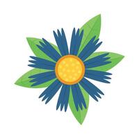 A blue flower with yellow center and green leaves vector