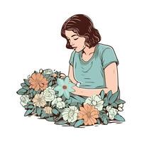 A woman is sitting in a chair with flowers vector