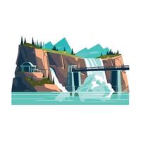 A cartoon illustration of a waterfall and a bridge vector