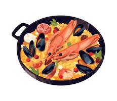 Paella with shrimp and mussels in a pan vector