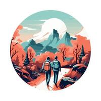 Two people walking in the woods with mountains in the background vector