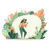 A woman is standing in front of a large frame with leaves vector