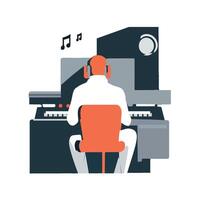An illustration of a man sitting at a computer with headphones on vector