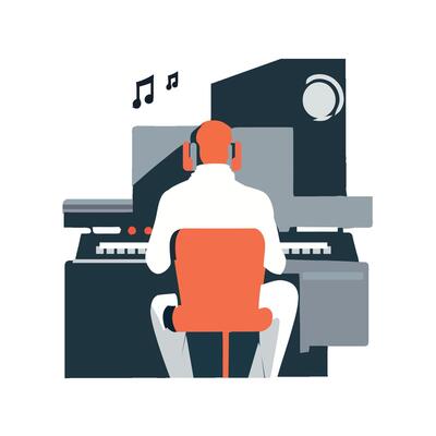 An illustration of a man sitting at a computer with headphones on