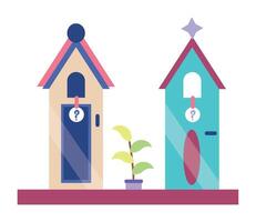 Two houses with a plant in one and a door in the other vector
