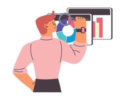 Man holding up a tablet with a chart on it vector