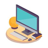 Computer monitor, keyboard, mouse and book on a table vector