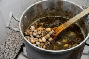 A traditional Portuguese tavern kitchen with a pot of caracois a portuguesa, Portuguese-style snails, simmering on the stove, capturing the rustic and authentic atmosphere of local cuisine. photo
