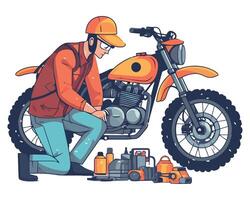 A man is working on a motorcycle vector