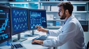 Scientist Analyzing Data in Modern Laboratory Workspace photo