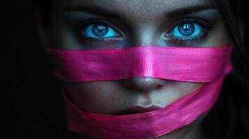 Captivating Woman with Striking Blue Eyes Partially Obscured by Vibrant Veil photo