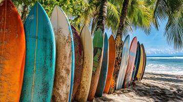 Vibrant Surfboards Lining a Tropical Beach with Swaying Palm Trees photo