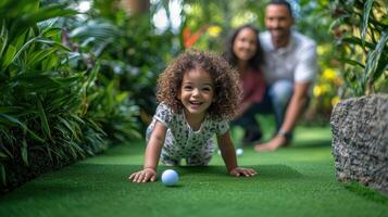 A Joyful Family Moment Captured in a Lush Garden Setting photo