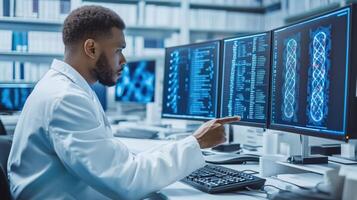 Scientist Analyzing Data and Monitoring Digital Screens in a Modern Laboratory photo