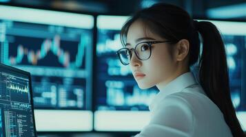 Focused Woman Analyzing Financial Data on Computer Screen photo
