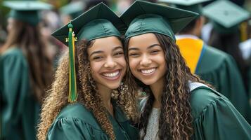 Two Joyful Graduates Celebrate Their Academic Achievement in Green Robes photo